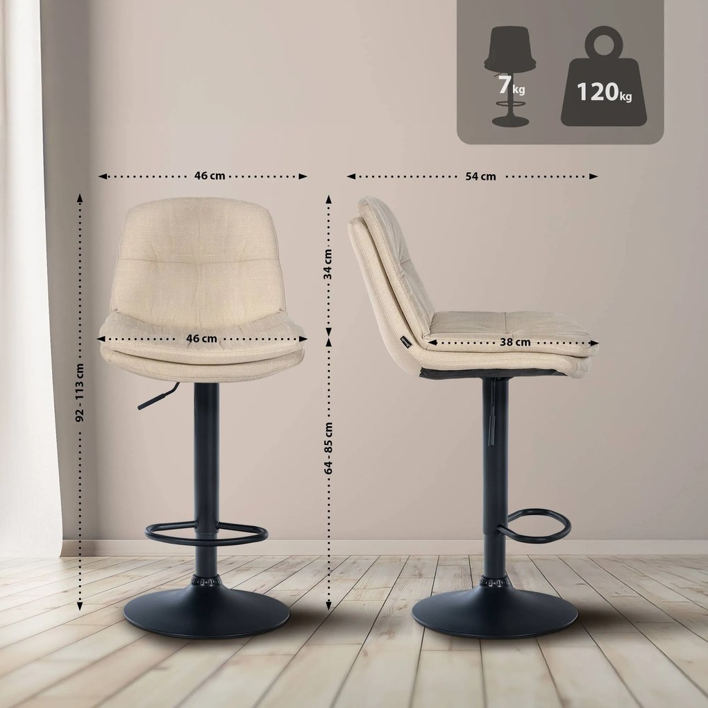 Banco de bar em tecido com estrutura preta 92-113 x 46 x 54 cm cor creme