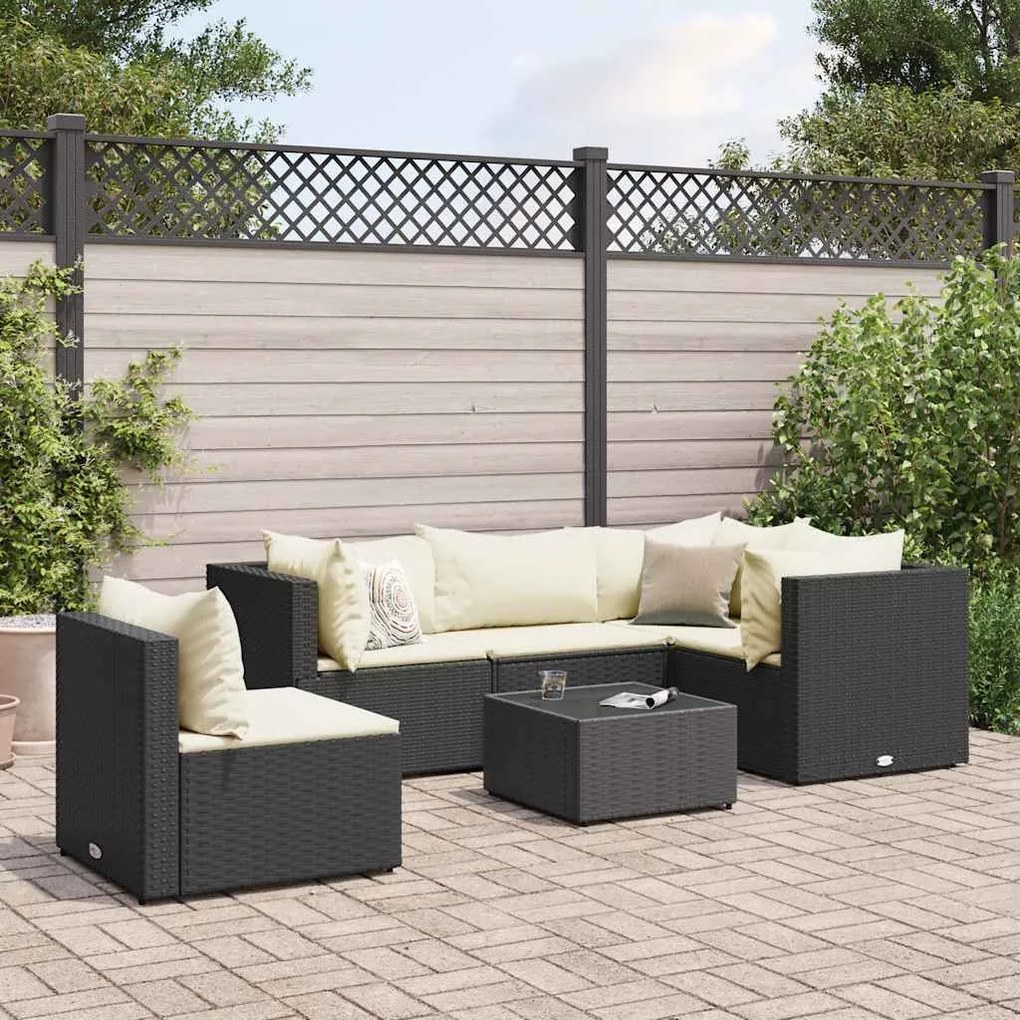vidaXL 6 pcs conjunto lounge de jardim c/ almofadões vime PE preto