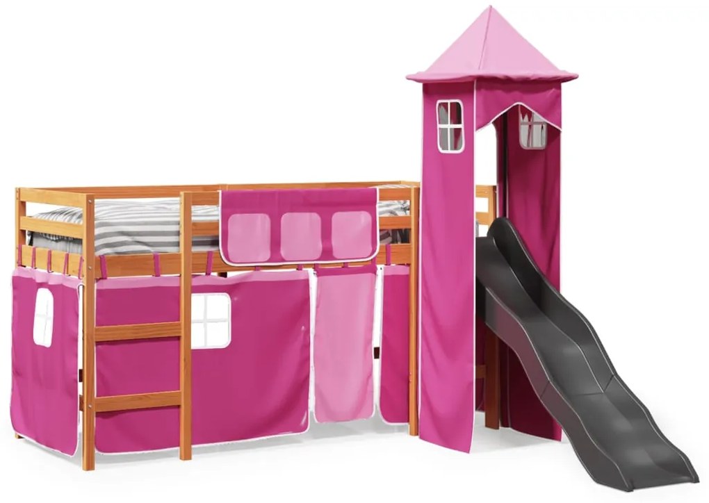 Cama alta para criança com torre 80x200 cm pinho maciço rosa