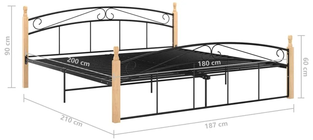 Estrutura de cama 180x200cm metal/madeira carvalho maciça preto