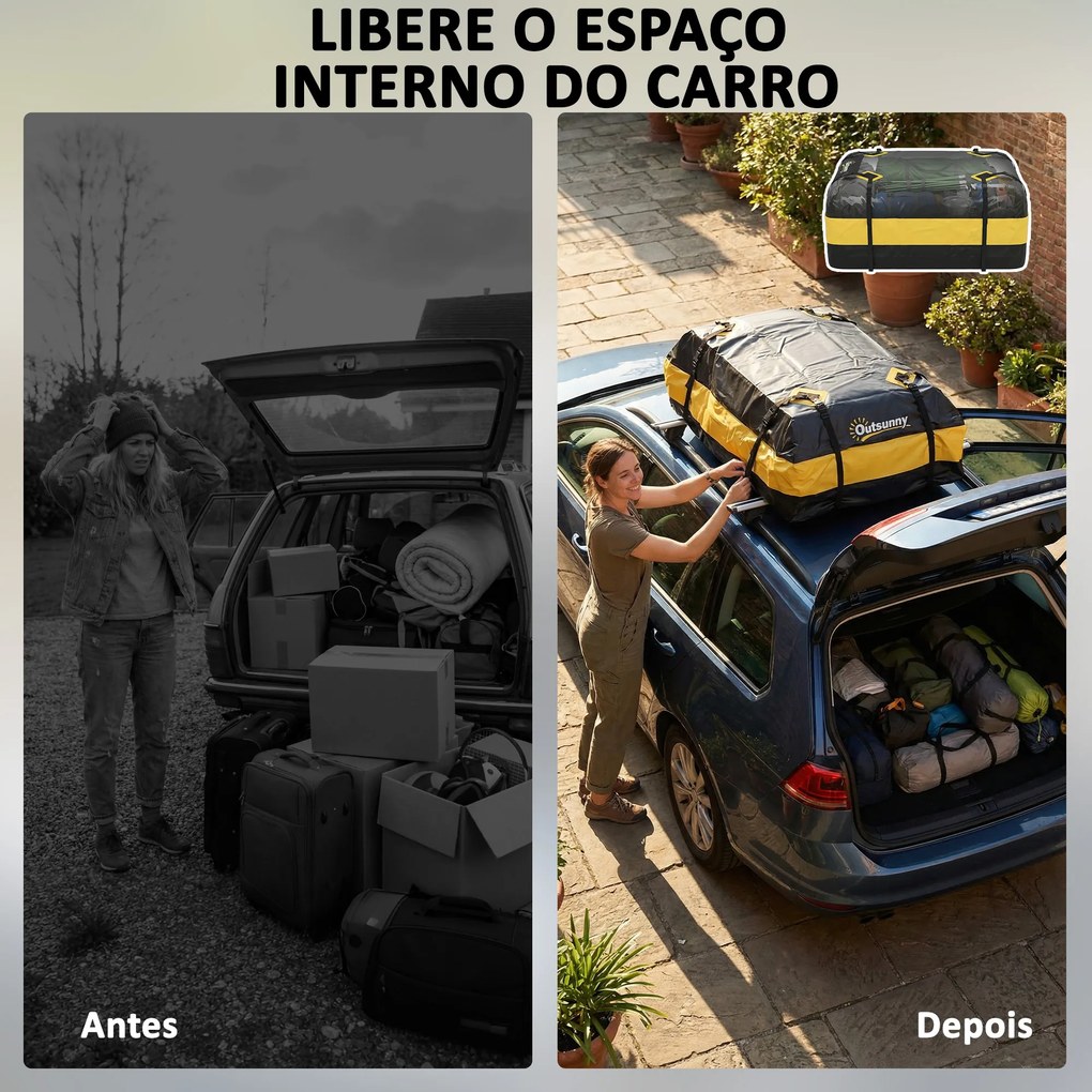 Mala de Teto para Carro 425 L Impermeável com 8 Correias Tapete Antiderrapante e Ganchos para Veículos Preto e Amarelo