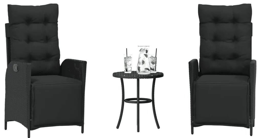 vidaXL 3 pcs conjunto de bistrô com almofadões vime PE preto