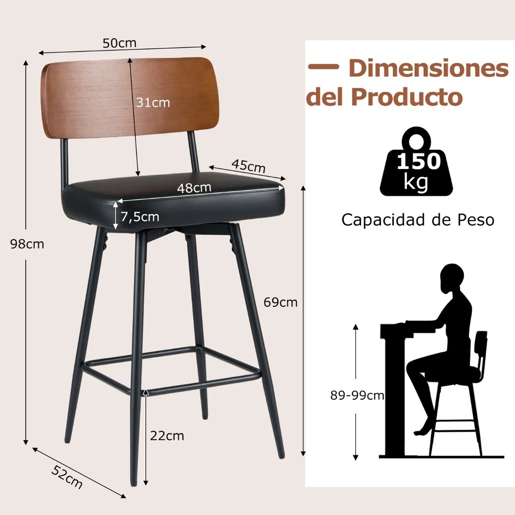 Bancos giratórios modernos para bar, almofadados, com encosto e apoio para os pés em metal, em couro sintético, para cozinha e sala de jantar, castanh