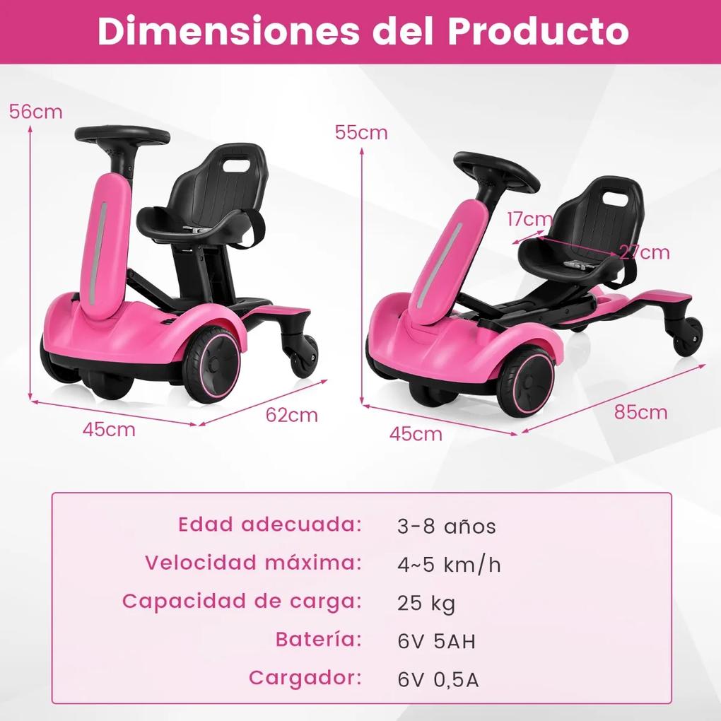 Kart elétrico 6V para crianças com assento ajustável com sons, rotação de 360 ​​graus, velocidade máxima de 4,8 km/h para crianças de 3 a 8 anos Rosa