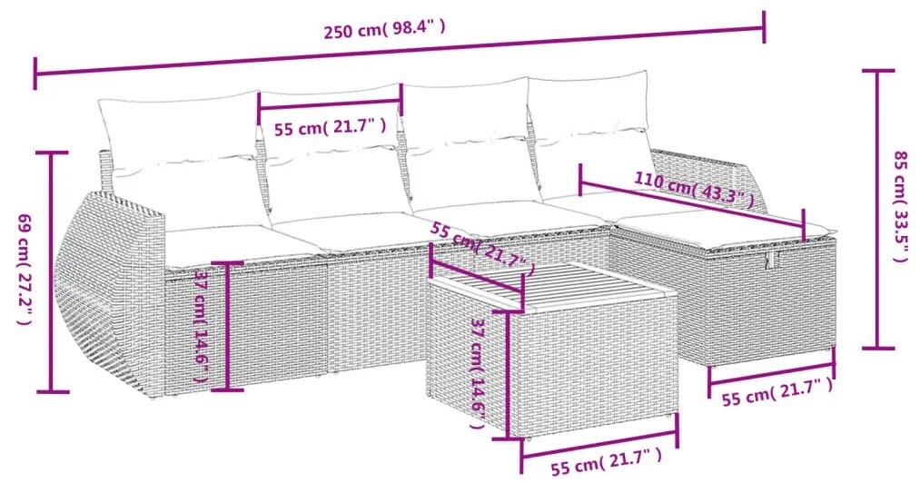6 pcs conjunto sofás de jardim c/ almofadões vime PE preto