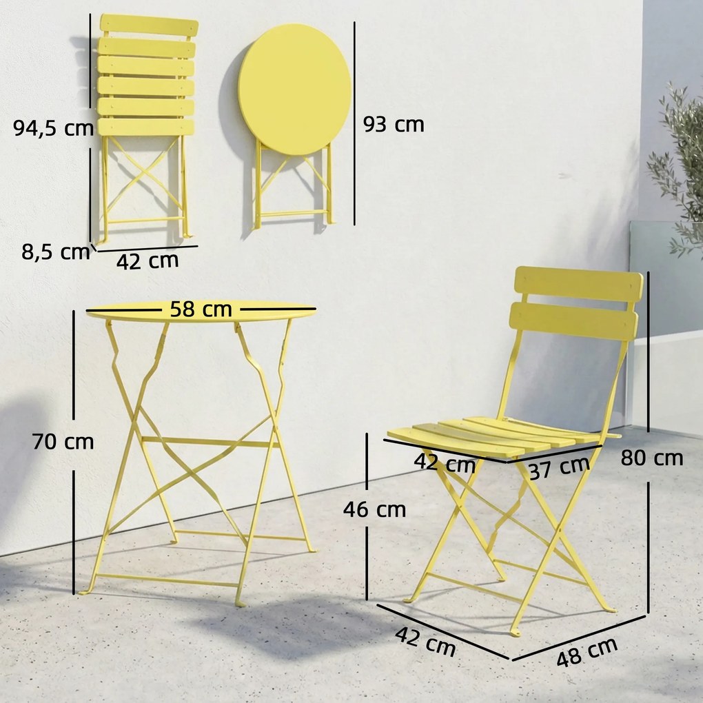 Conjunto de jardim de 3 peças: mesa e 2 cadeiras dobráveis com ripas, dupla proteção antiferrugem, cor amarela