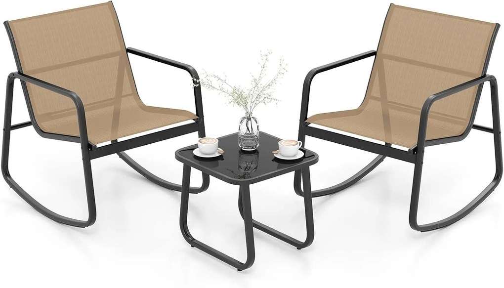 Conjunto de 3 móveis de jardim em metal + textilene, cadeiras de balanço e mesa de vidro temperado para 2 pessoas, varanda de piscina