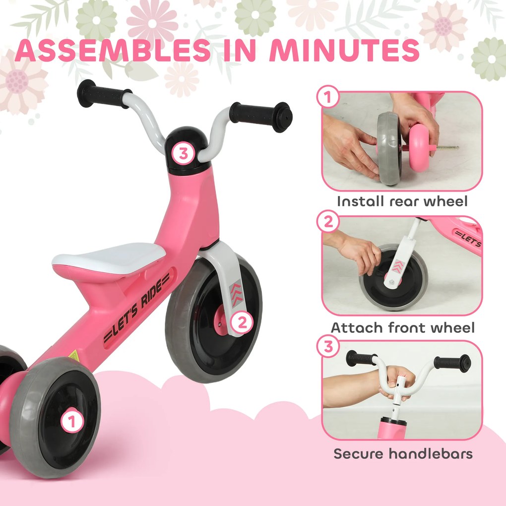 Bicicleta sem Pedais para Crianças dos 12 aos 36 Meses Bicicleta de Equilíbrio com Guiadores com Rotação Limitada a 60° 69x40x49 cm Rosa