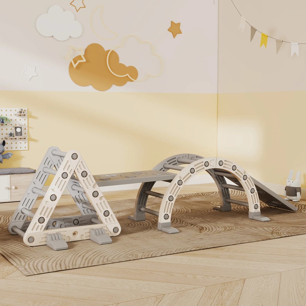 Triângulo de escalada infantil 8 em 1, arco de escalada, rampa dupla para escalar e deslizar, 279 x 80 x 69 cm, cinzento