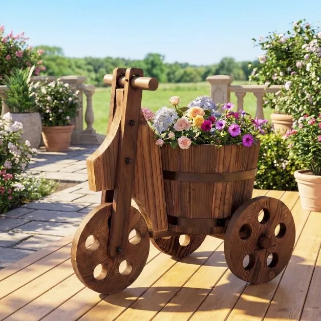 Floreira jardim rústica em madeira para triciclo 47 x 32 x 43,5 cm, vaso em forma de barril com orifício de drenagem para o cultivo de legumes e flore
