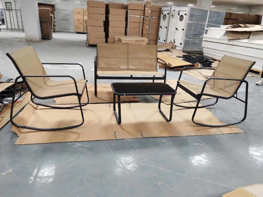 Conjunto de 4 móveis de jardim de metal + cadeiras de balanço de textilene e mesa de vidro temperado para 4 pessoas, varanda de piscina, preto