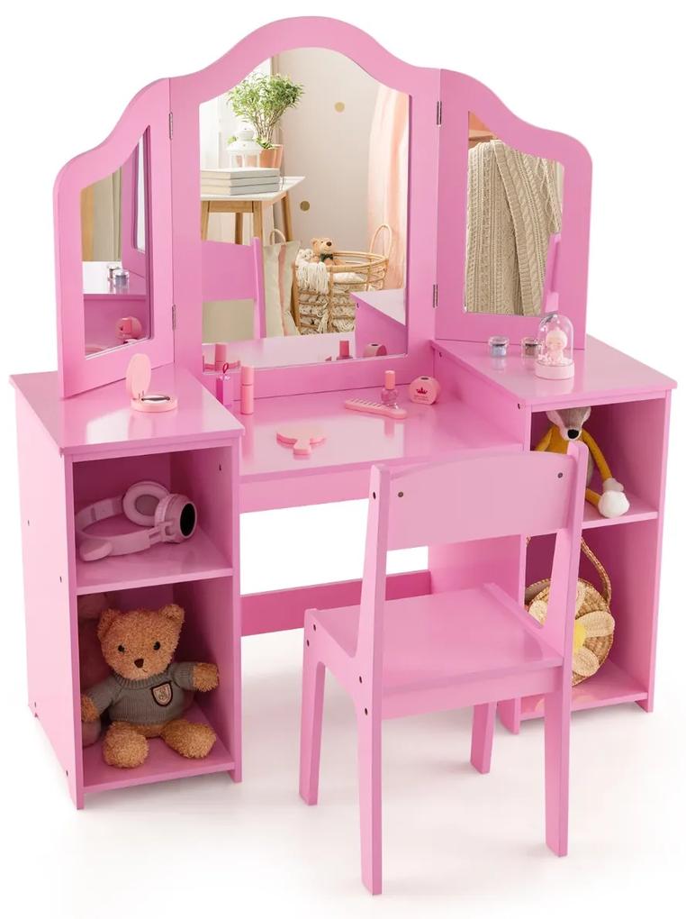 Toucador infantil com cadeira e espelho triplo removível, 4 compartimentos de arrumação Rosa