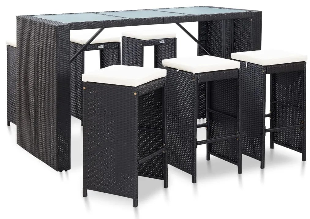 vidaXL 7 pcs conjunto bar para jardim c/ almofadões vime PE preto