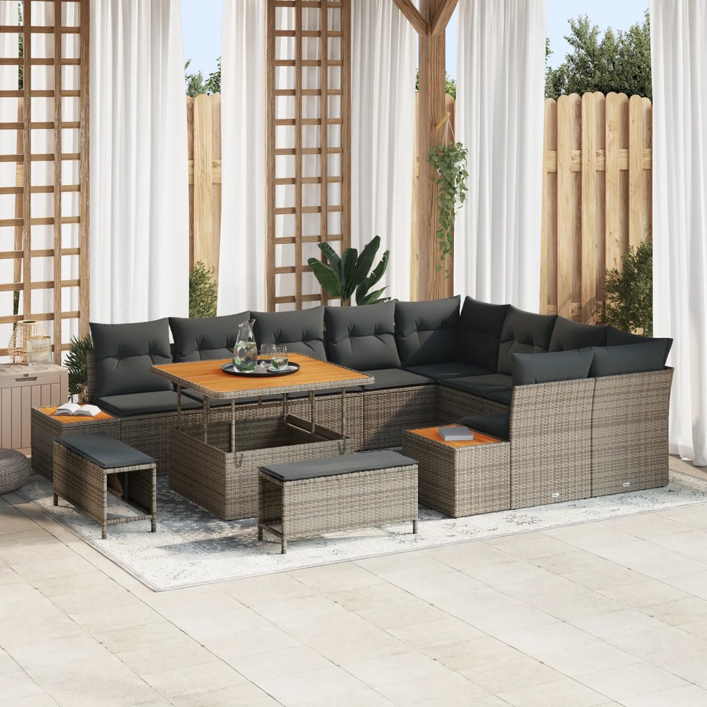 Conjunto de Sofás de Jardim de 12 Peças com Almofadas Cinza Vime PE Ac