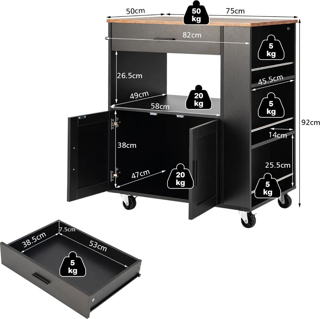 Carrinho de cozinha com rodas com 3 prateleiras abertas para especiarias, gaveta grande com 2 portas e toalheiro 75 x 50 x 92 cm Preto