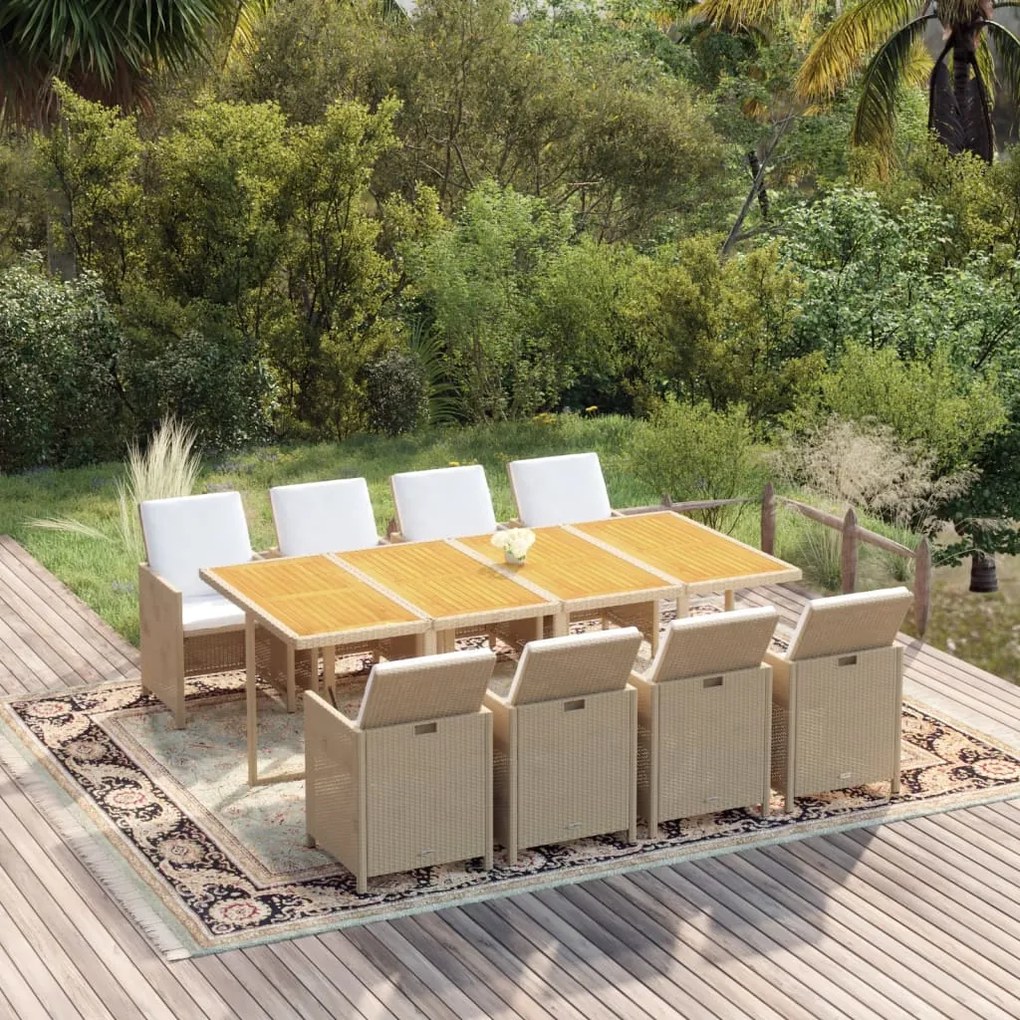 vidaXL 9 pcs conjunto de jantar p/ jardim com almofadões vime PE bege