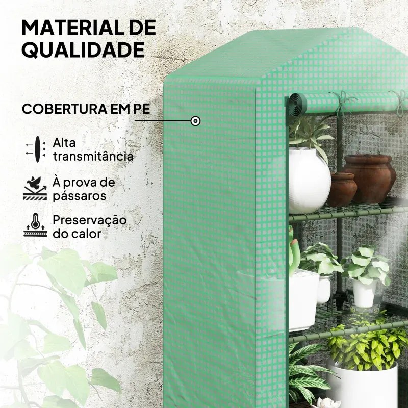 Estufa de Jardim de 3 Níveis Porta Enrolável Estrutura Metálica Cobertura de PE Anti-UV 69x49x125 cm Verde