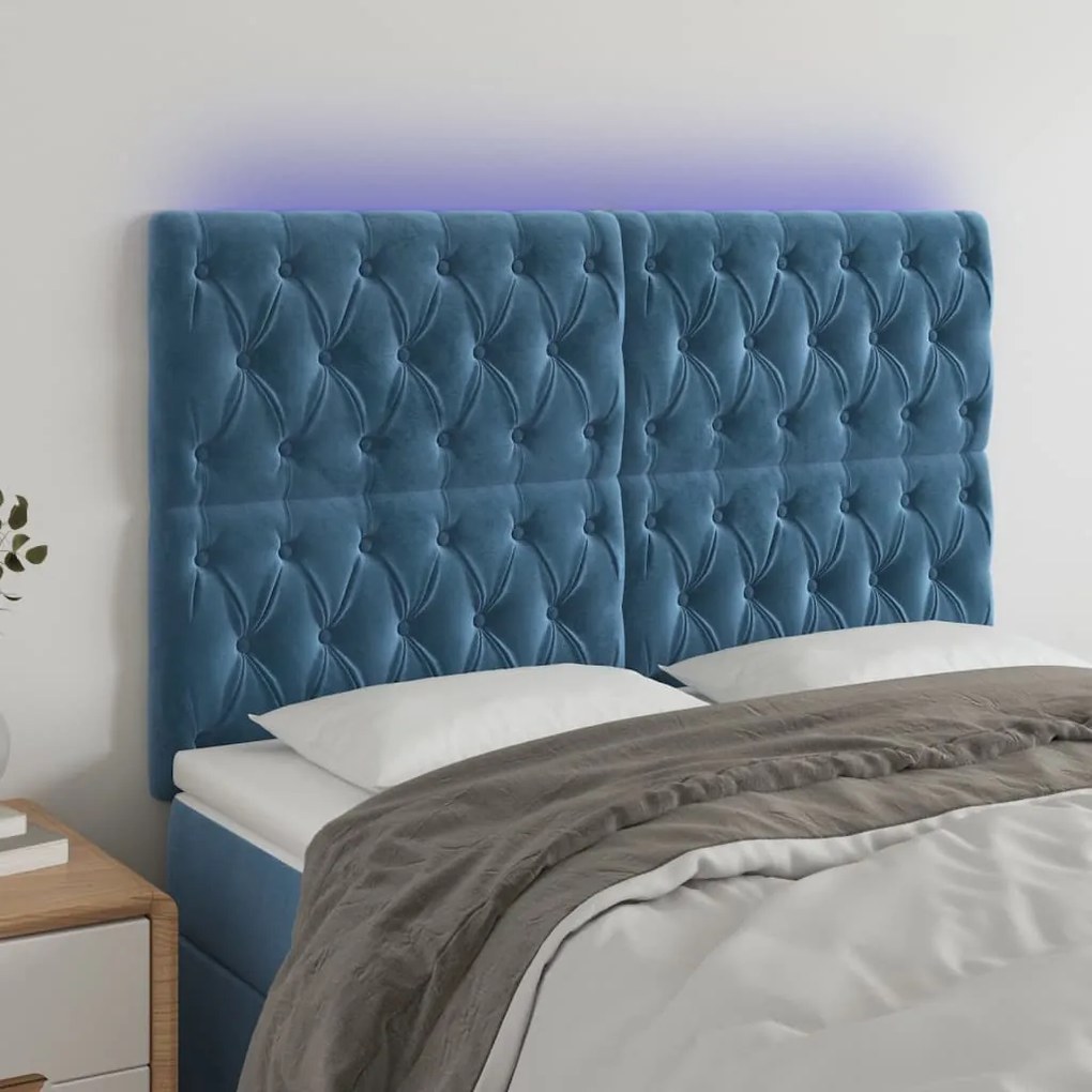 Cabeceira cama c/ luzes LED veludo 144x7x118/128cm azul-escuro