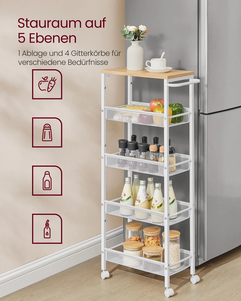 Carrinho de cozinha ou casa de banho 5 níveis estreito 22 x 45,4 x 99,6 carvalho e branco
