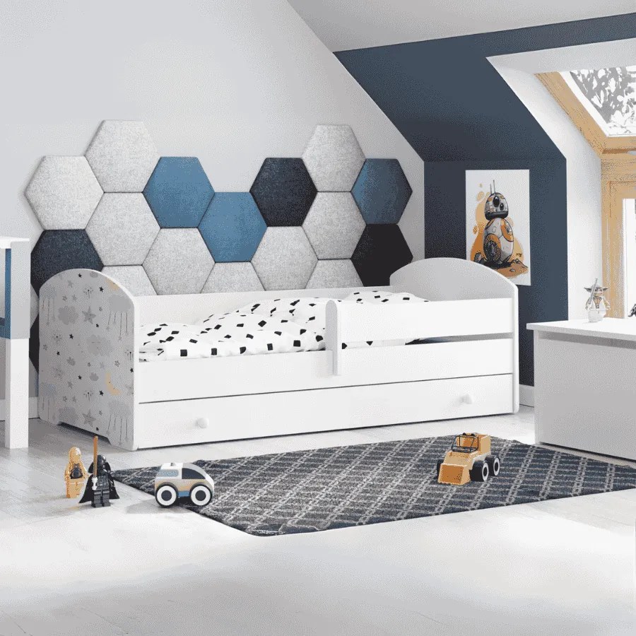 Cama infantil branca LUK estrelas 140x70 com gaveta - colchão e estrado incluído