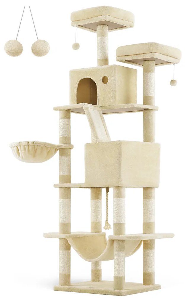 Feandrea PCT190M01 Arranhador grande para gatos, 206 cm de altura, árvore para gatos tamanho XXL com 13 arranhadores, 2 plataformas, 2 cavernas, cesta, rede, bolas de pelúcia, arranhador multinível para gatos, bege