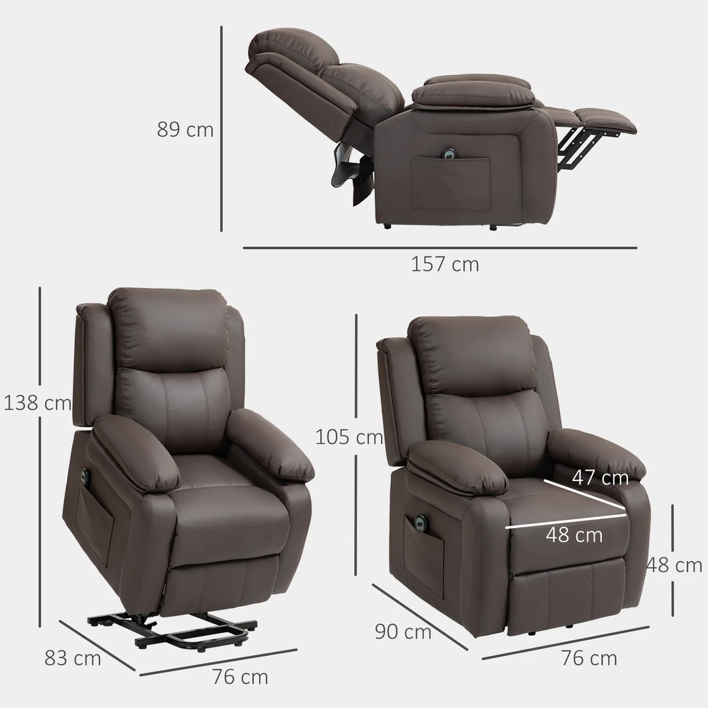 Poltrona Relax Levanta Pessoas com Controle Remoto Reclinação Elétrica de 160° Apoio para os Pés 76x90x105 cm Castanho Escuro