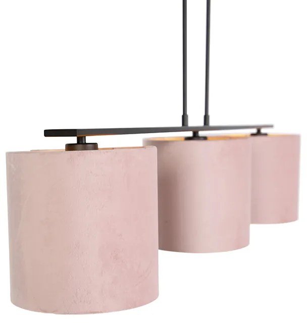 Candeeiro de suspensão com abajures de veludo rosa com dourado 20cm - Combi 3 Deluxe Clássico / Antigo
