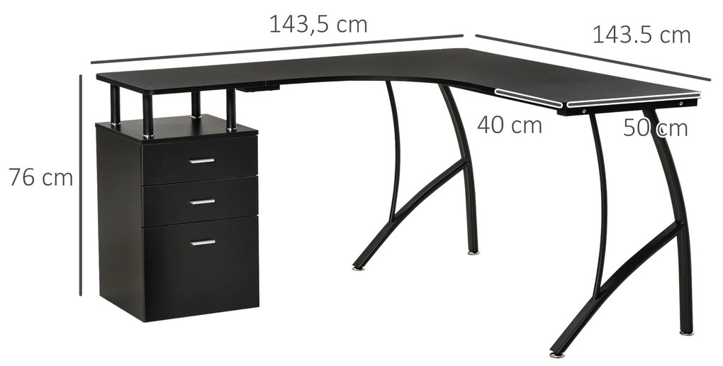 Secretária de Canto para Computador Mesa em Formato de L com 3 Gavetas Mesa Moderna para Escritório 143,5x143,5x76cm Preto