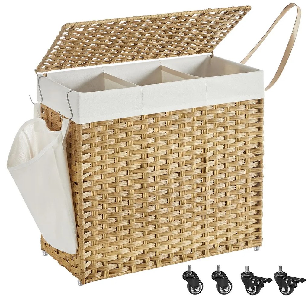 Cesto para roupa suja dobrável com 3 compartimentos e bolso lateral 66 x 33 x 60 cm Cor natural