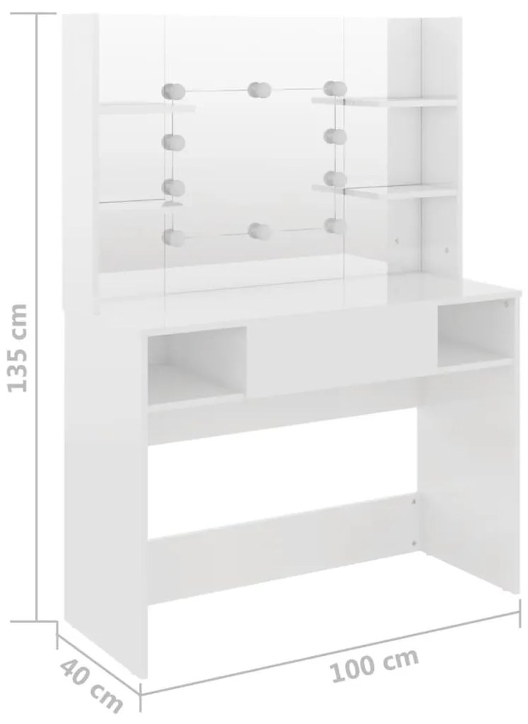 Mesa de maquilhagem c/ LEDs 100x40x135 cm MDF branco brilhante