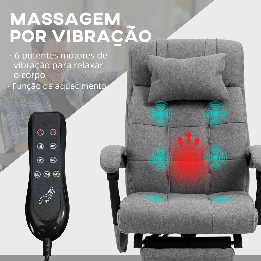 Cadeira de Escritório com 6 Pontos de Massagem 5 Modos Reclinável 155° com Função de Aquecimento 66x76x112-120 cm Cinza