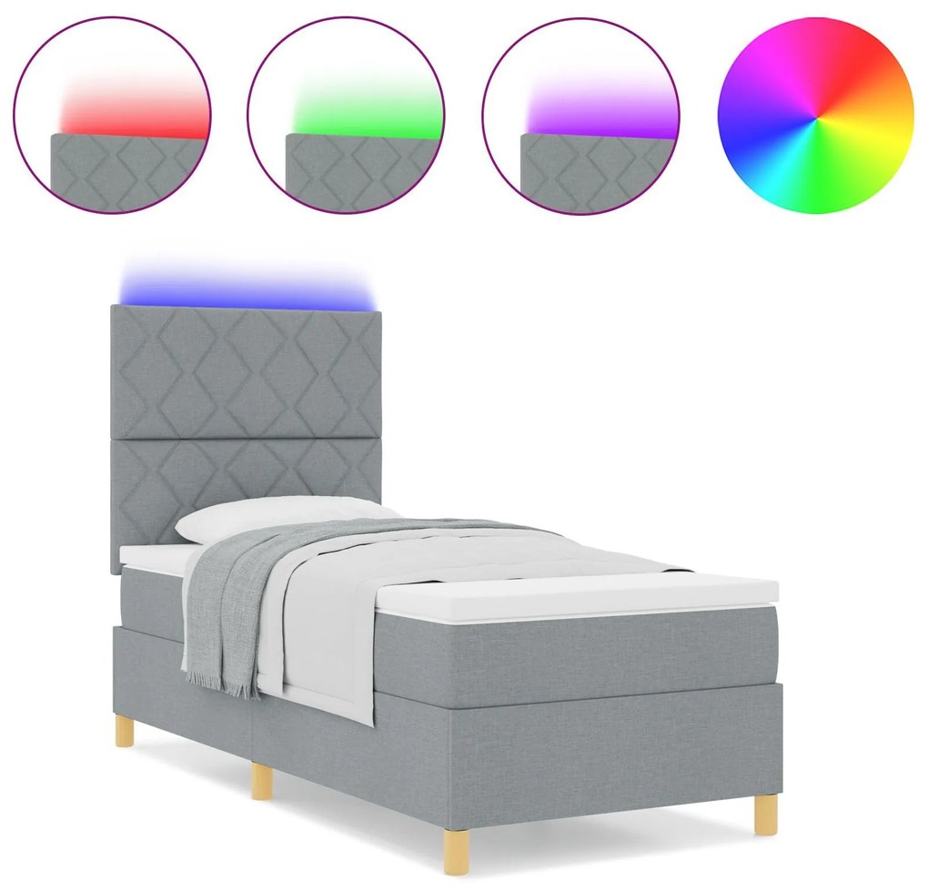 Cama Box Spring com Colchão e Luz LED Cinza Claro 90x190 cm Tecido
