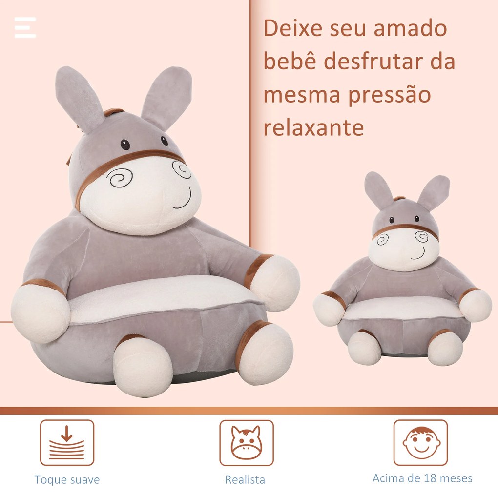 Mini sofá infantil para crianças acima de 18 meses em forma de burro com assento acolchoado 60x55x60cm cinza