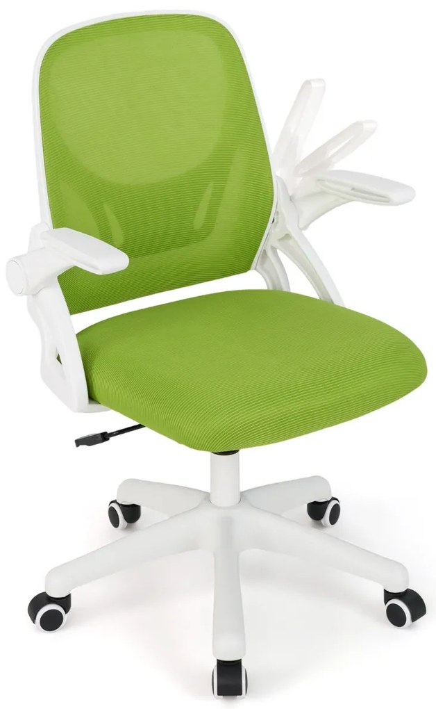 Cadeira de escritório ergonómica com apoio lombar integrado, apoios de braços rebatíveis, rodas universais, altura ajustável, Verde