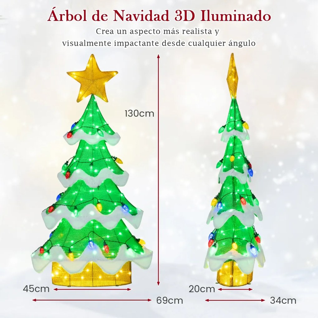 Árvore de Natal Iluminada 130 cm em Malha 3D Exterior Interior de Morango Luzes LED Verdes e Amarelas Moldura Metálica Verde