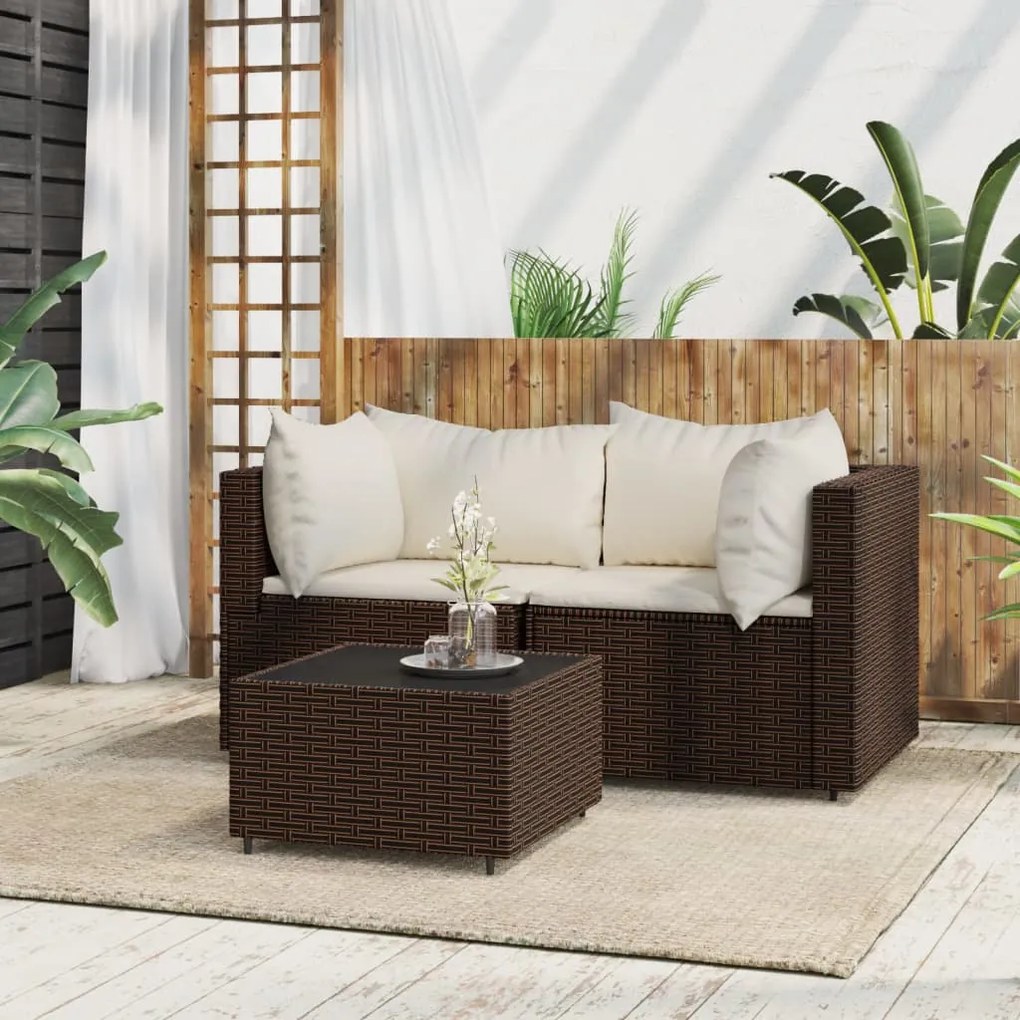 319747 vidaXL 3 pcs conjunto lounge jardim c/ almofadões vime PE castanho