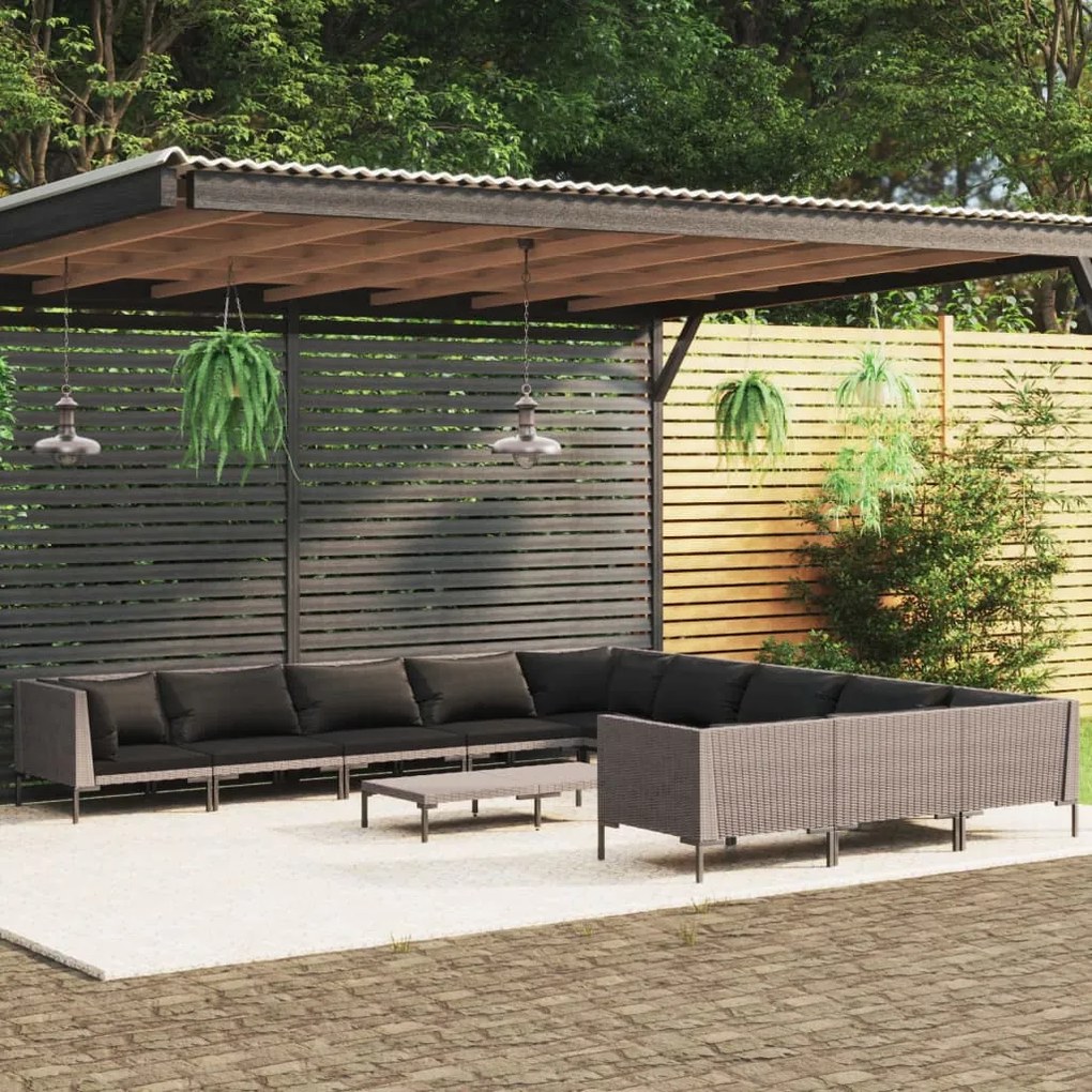 vidaXL 12pcs conj. lounge jardim c/ almofadões vime PE cinzento-escuro