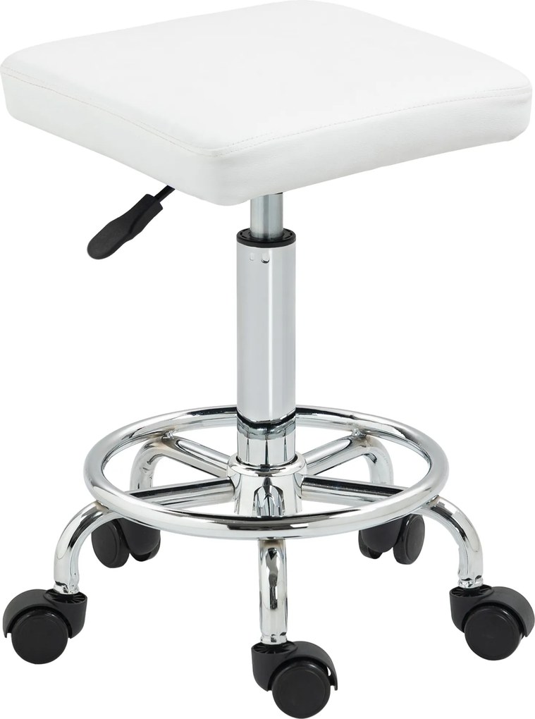 Banco Giratório com Rodas Altura Regulável 50-66 cm Assento Estofado em Imitação de Couro  34x34x50-66 cm Branco
