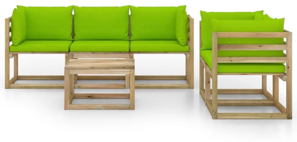 6 pcs conjunto lounge de jardim c/ almofadões verde brilhante