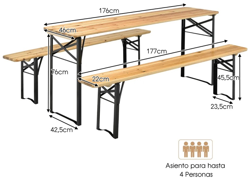 Conjunto de mesa de piquenique e banco de 3 peças, mesa de cerveja dupla com estrutura de aço de 2 assentos para jardim externo natural
