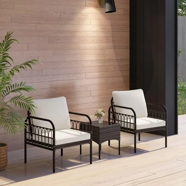 Conjunto de móveis jardim de vime de rattan de 3 peças com cadeiras almofadadas Mesa de centro de vidro temperado para varanda, pátio e pátio preto e