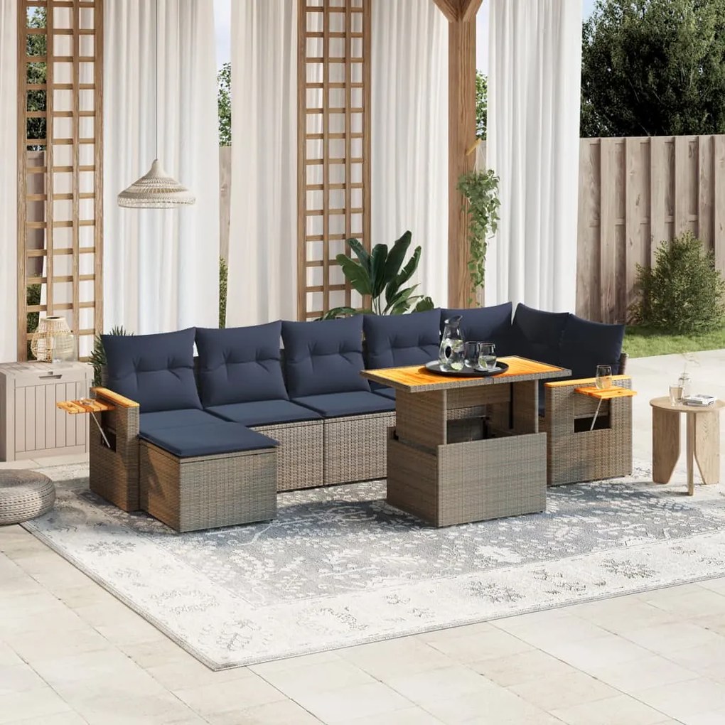 vidaXL 8 pcs conjunto sofás p/ jardim c/ almofadões vime PE cinzento