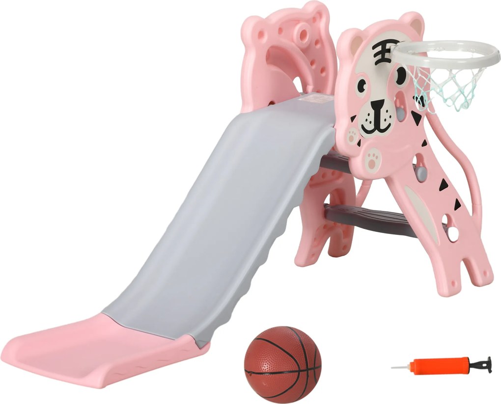 Escorrega para Crianças 2 em 1 com 2 Degraus Cesta de Basquetebol e Desenho de Tigre para Interior 133x60x70 cm Rosa