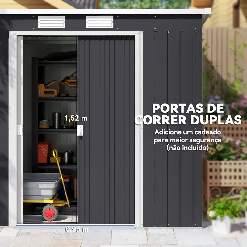 Abrigo de Jardim 213x130x173 Abrigo de Exterior de Aço Galvanizado com Porta Corredeira para Armazenamento Cinza Escuro