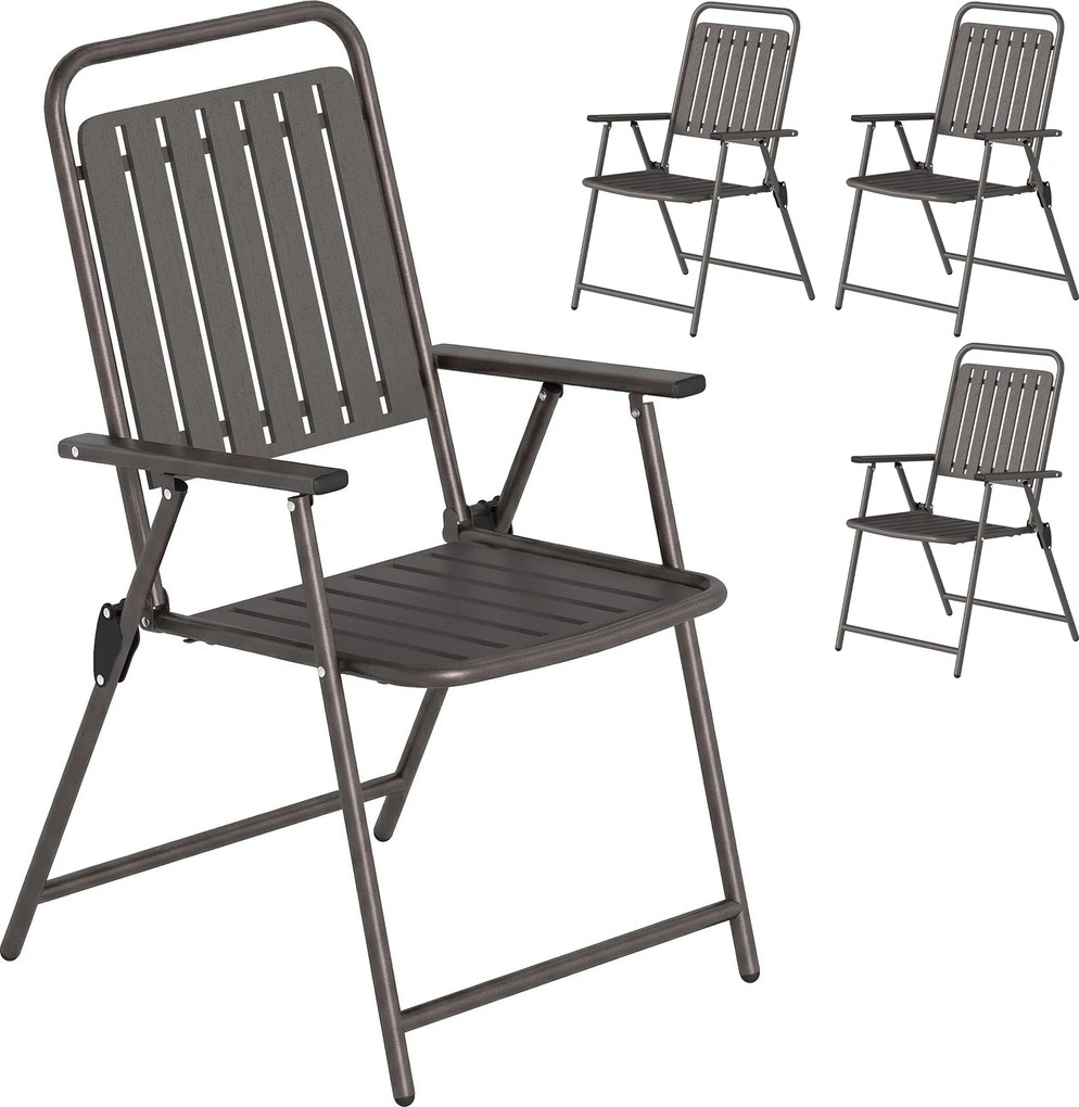 Conjunto de 4 Cadeiras Dobráveis (MESA NÃO INCLUIDA) para Jardim com Apoios de Braços Encosto e Assento Estrutura Metálica 55x63x93 cm Castanho