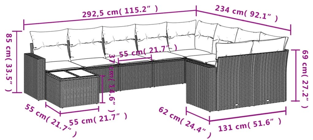 10 pcs conjunto de sofás p/ jardim com almofadões vime PE bege