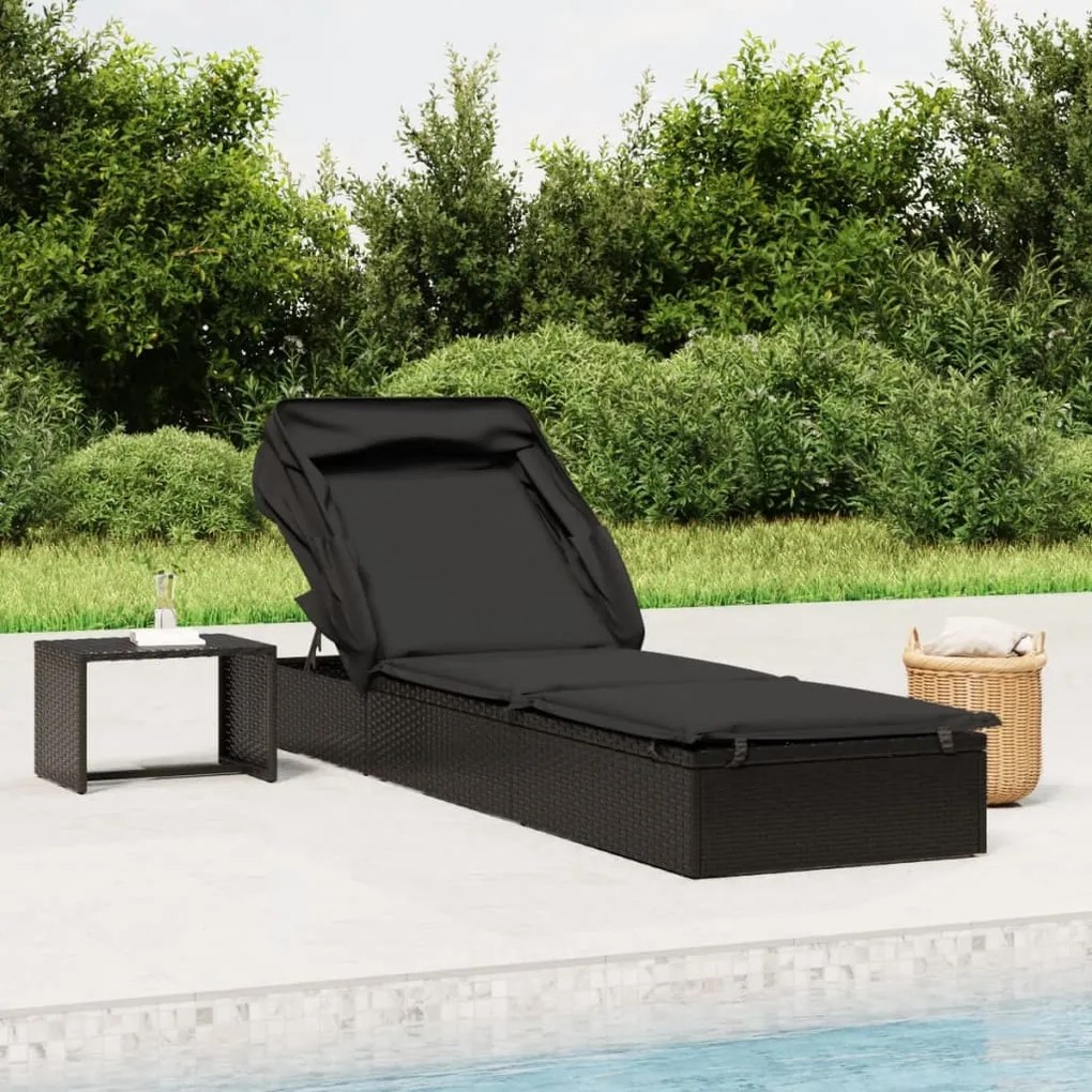 vidaXL Espreguiçadeira c/ teto dobrável 213x63x97 cm vime PE preto