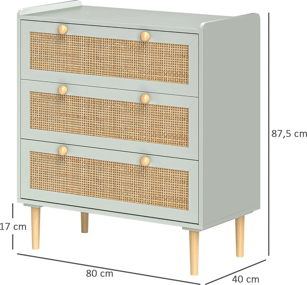 Cómoda de design boémio em vime com 3 gavetas 80C x 40L x 87,5A cm, móvel de arrumação para a sala de estar, o corredor ou a entrada, verde-oliva