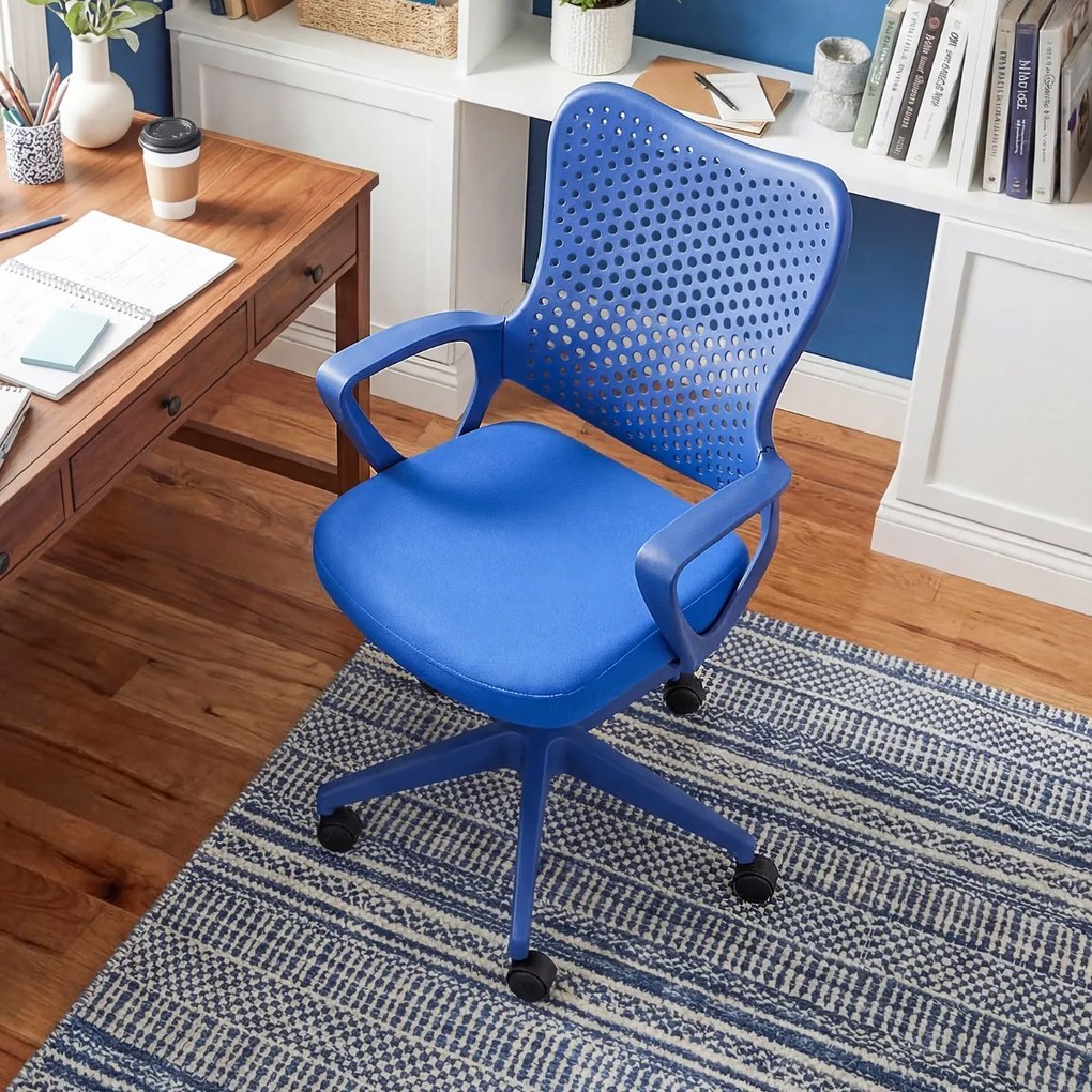 Cadeira de escritório ergonómica com braços, almofada acolchoada e encosto respirável, modelo «Borboleta», para estudar e trabalhar, azul