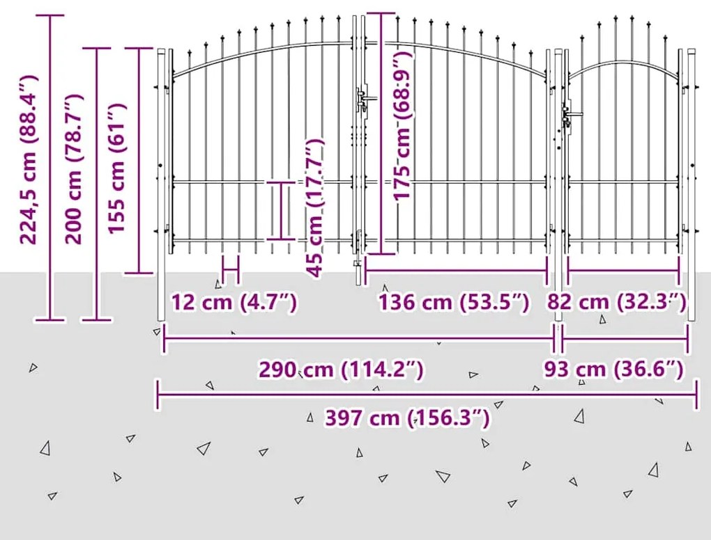 Portão de Jardim com Ponta de Lança Cinza 175 x 400 cm em Aço.